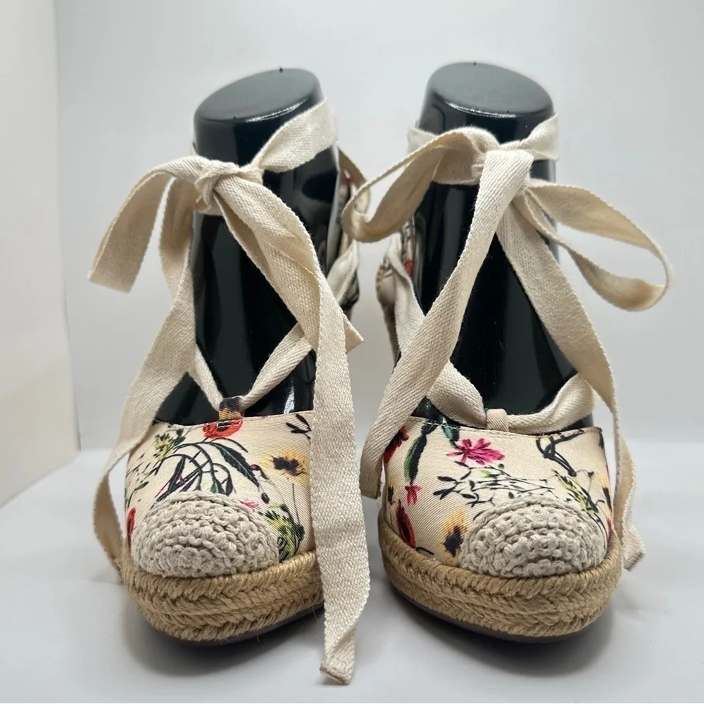 Schutz Multi Floral Tie Up Ankle Wrap Rounded Espadrille Wedge Sz 5.5/EUR 36